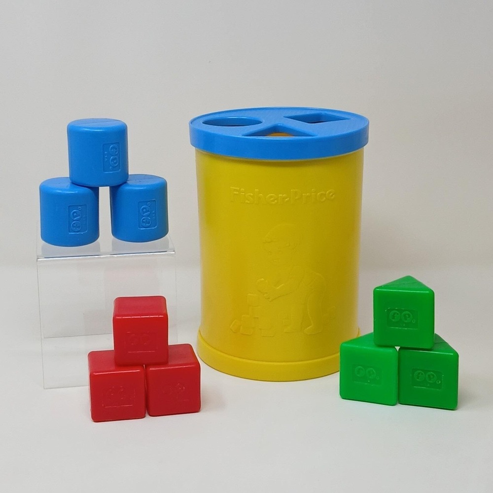 Vintage 1977‎ Fisher Price Baby Blocks Shape Sorter Toy Yellow Blue